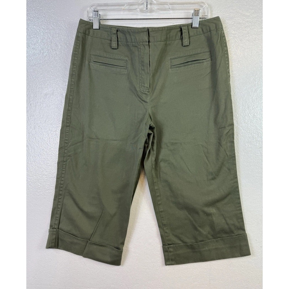 Larry Levine Stretch womens capri‎ pants Sz 12 Olive Green mid rise Cuffed Boho